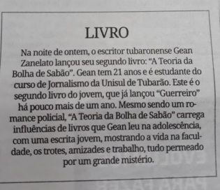 Matéria no Jornal Diário do Sul, de Tubarão (2018).